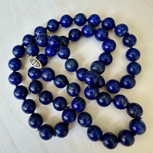 Vintage Artisan Bead Necklace 24 Inch Blue Lapis Lazuli Hand-Knotted 1/20 12K GF